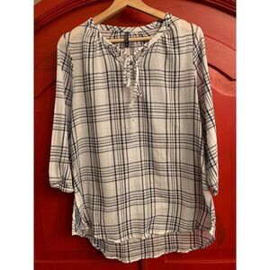 North River Medium Shirt Blouse Black White Plaid Dressy Casual Top Light EUC